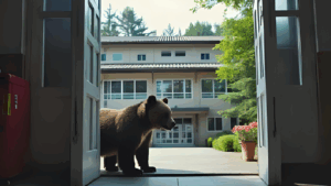 夏休み中の学校にクマが侵入？！副校長が身を挺して生徒を守った驚きの瞬間！